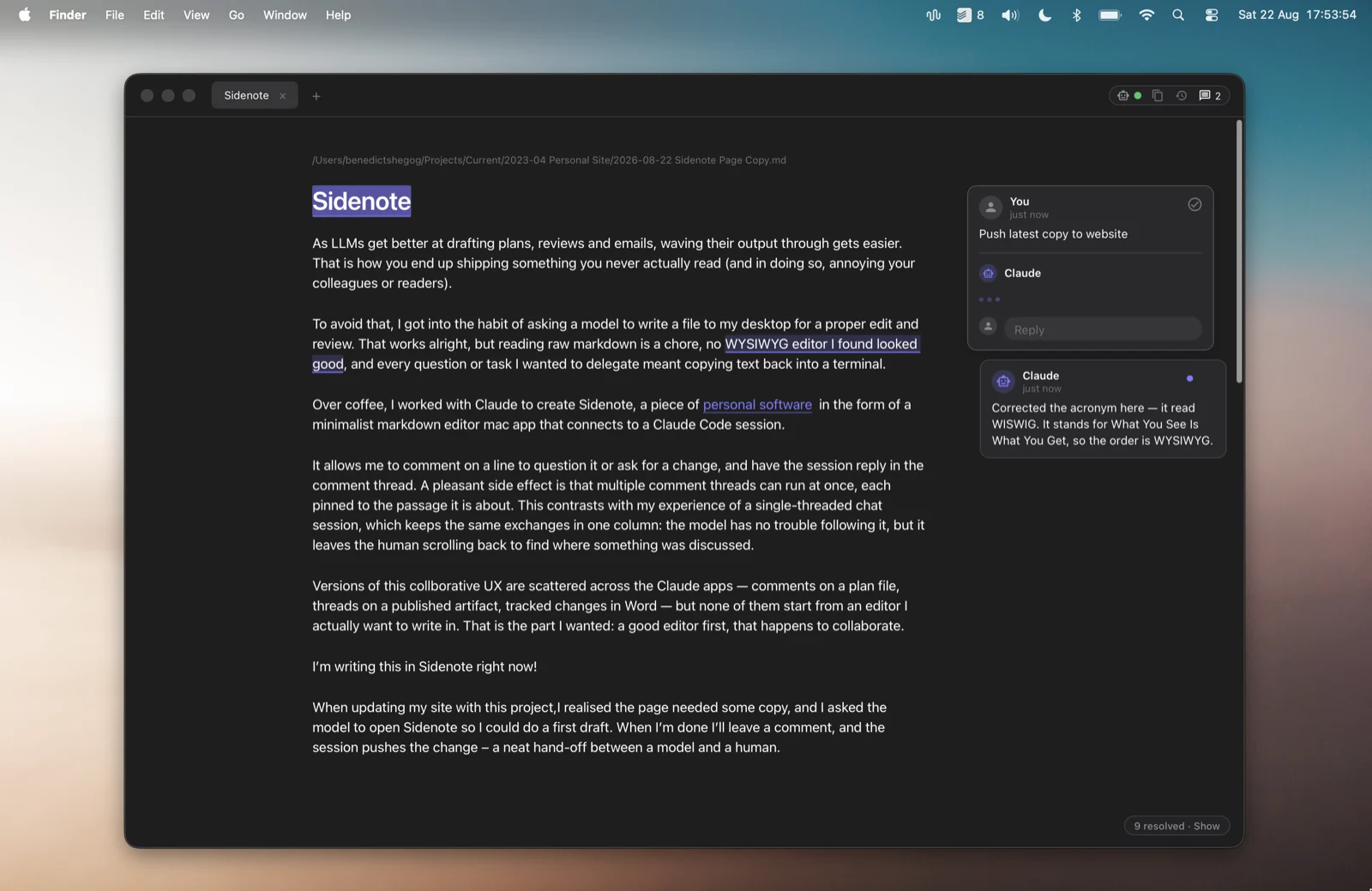 The Sidenote app showing this page's text, with two comment threads beside it.